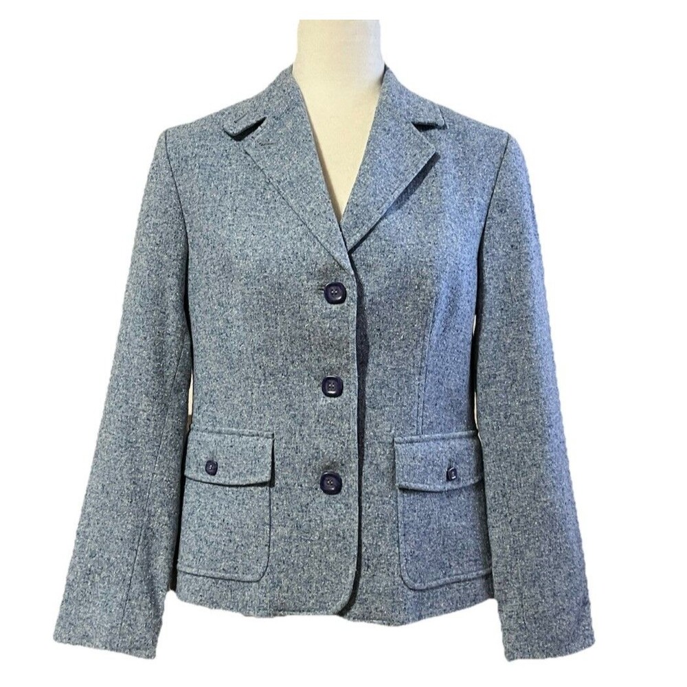 Vintage LL Bean Wool Silk Blend Tweed Blazer Lined Women’s Petite Small Blue